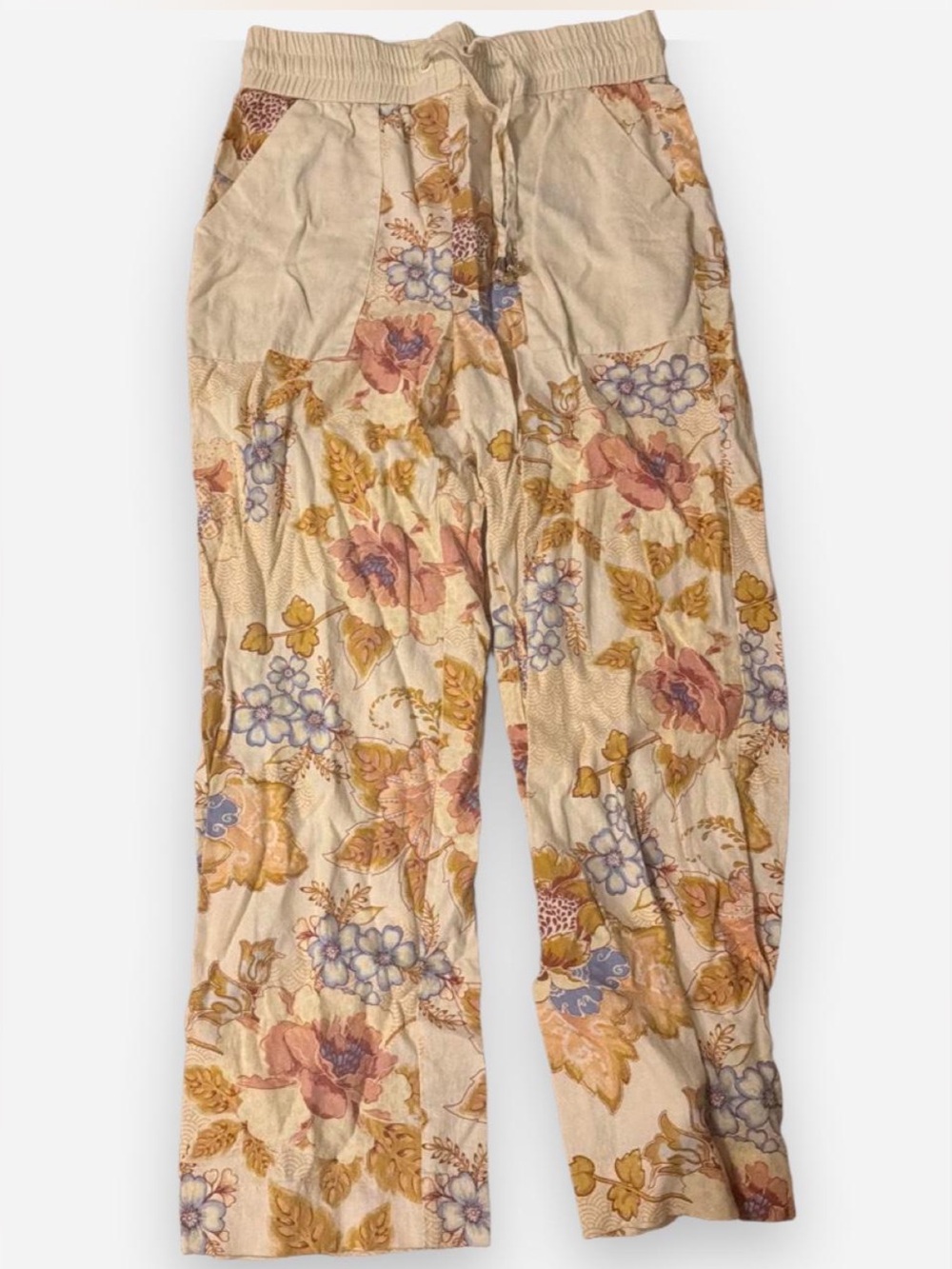 House of Harlow Cream Floral Wide-Leg Pants with Pink & Yellow Blooms